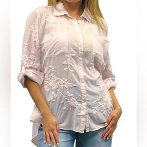 Kyla Seo Floral Embroidered Light Pink Button-Down Shirt